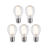 Five clear LED light bulbs with E27 base emitting warm white light for energy-efficient lighting