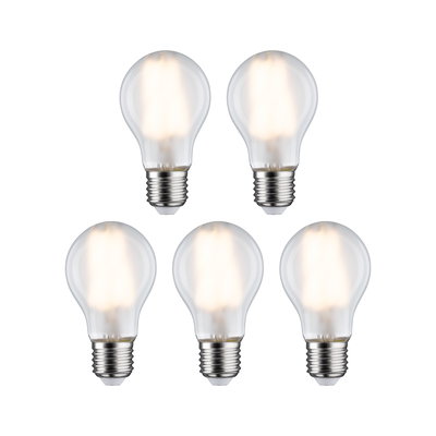 Five clear LED light bulbs with E27 base emitting warm white light for energy-efficient lighting
