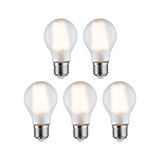 Five clear LED light bulbs with E27 base emitting warm white light for energy-efficient lighting