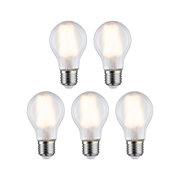 Fünf klare LED-Glühbirnen mit E27-Fassung und warmweißem Licht für energiesparende Beleuchtung