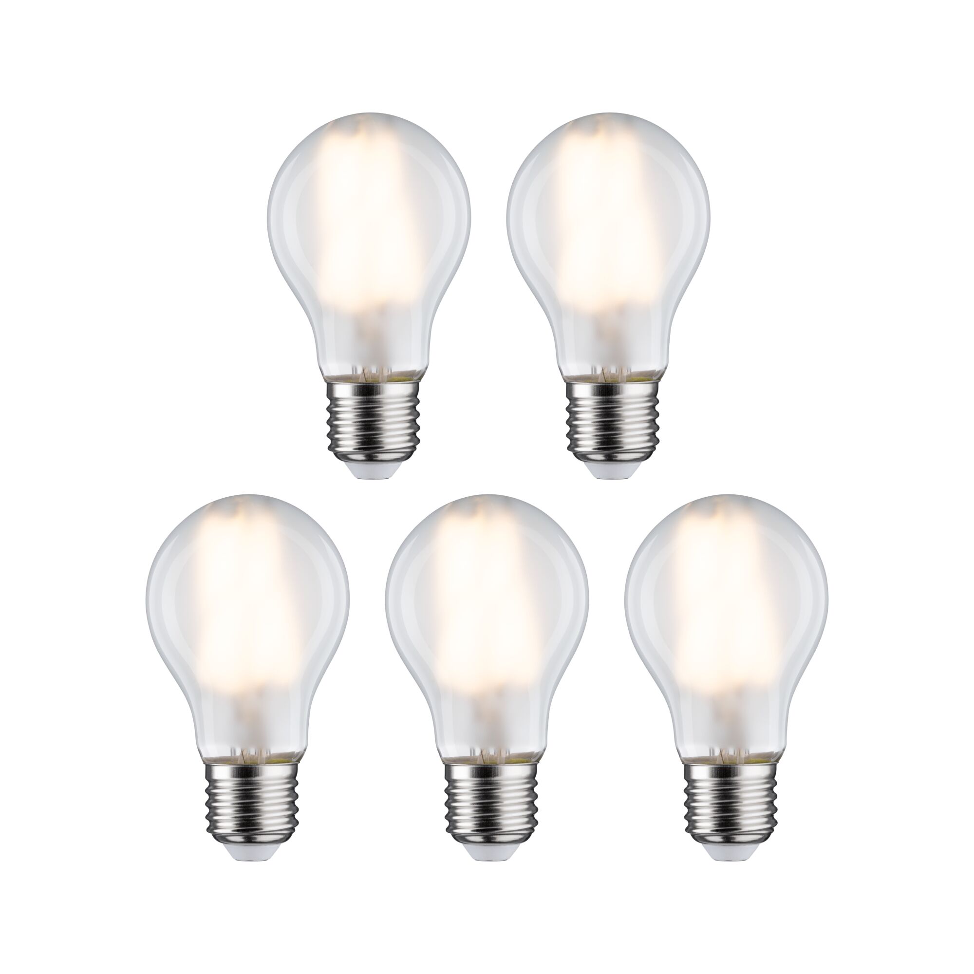 Fünf klare LED-Glühbirnen mit E27-Fassung und warmweißem Licht für energiesparende Beleuchtung