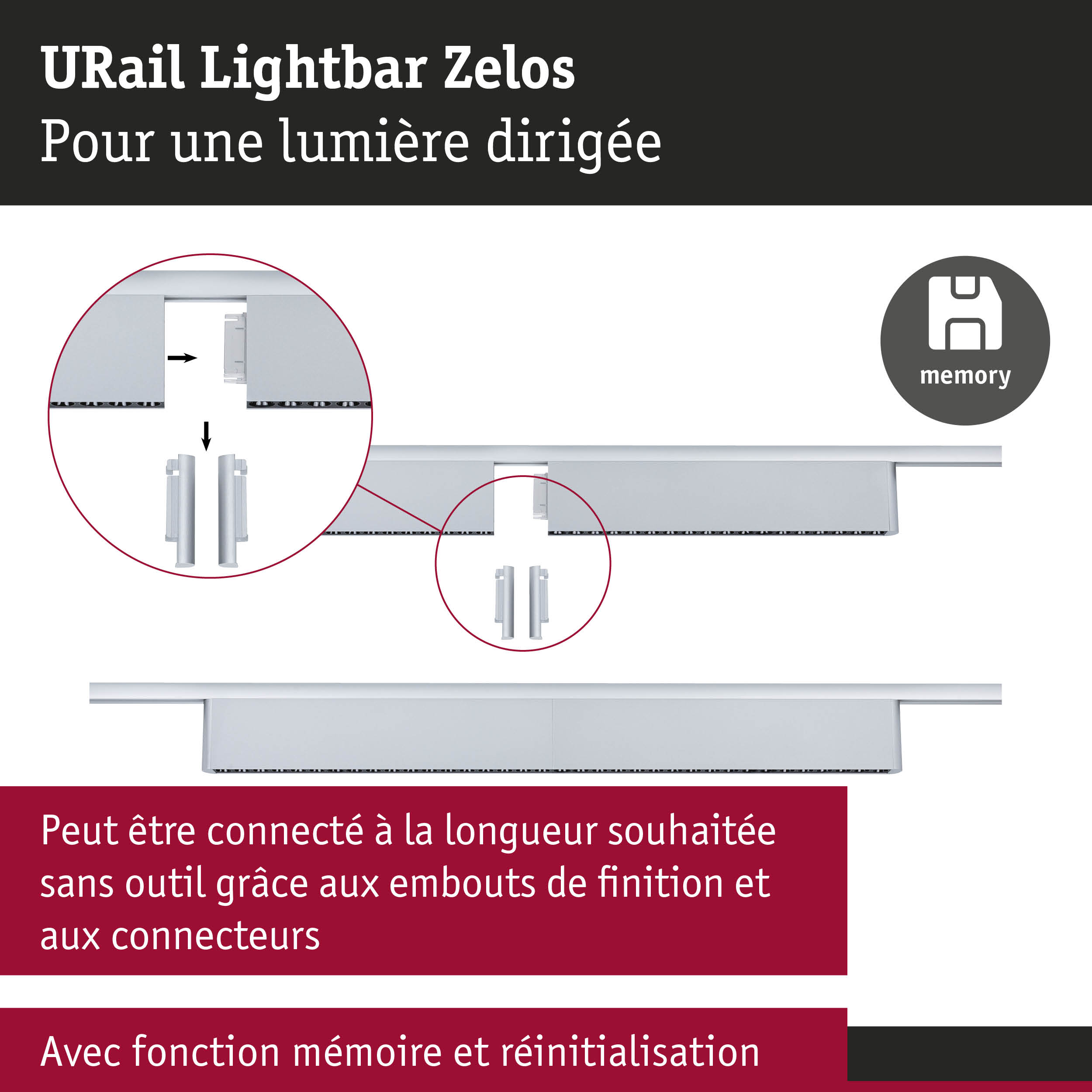 URail Lightbar Zelos rail en aluminium blanc avec connecteur et fonction mémoire pour éclairage LED