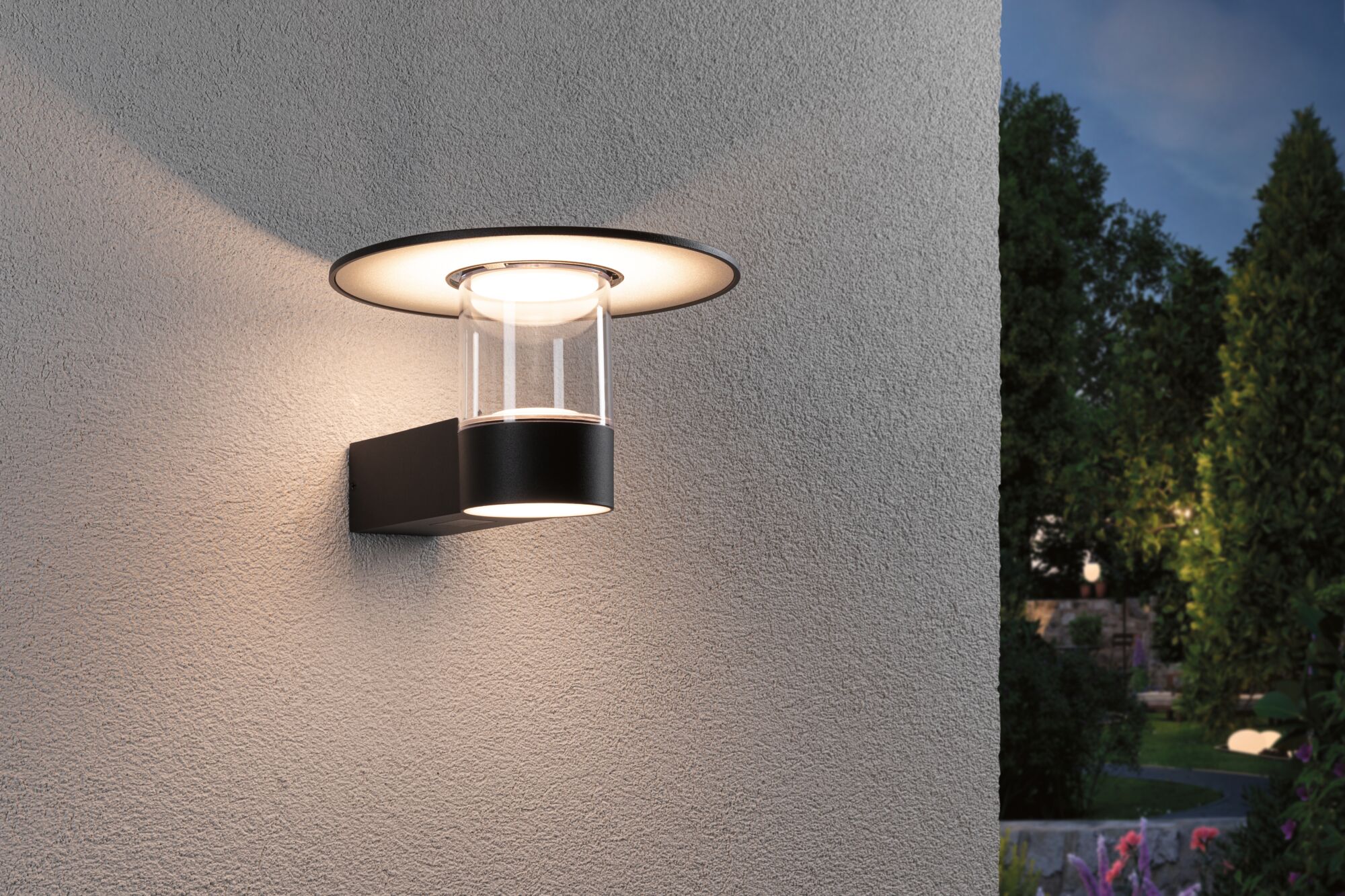 Applique murale extérieure noire moderne avec cylindre en verre et LED blanc chaud pour jardin