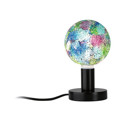 Colorful mosaic glass table lamp with black metal base for decorative LED lighting at home.