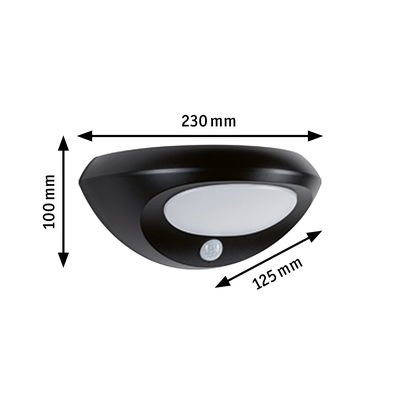 Sort LED-væglampe med bevægelsessensor og hvid diffuser, mål 230x100x125 mm, udendørsbelysning