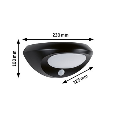 Zwarte LED-wandlamp met bewegingssensor en witte diffuser, afmetingen 230x100x125 mm, buitenverlichting