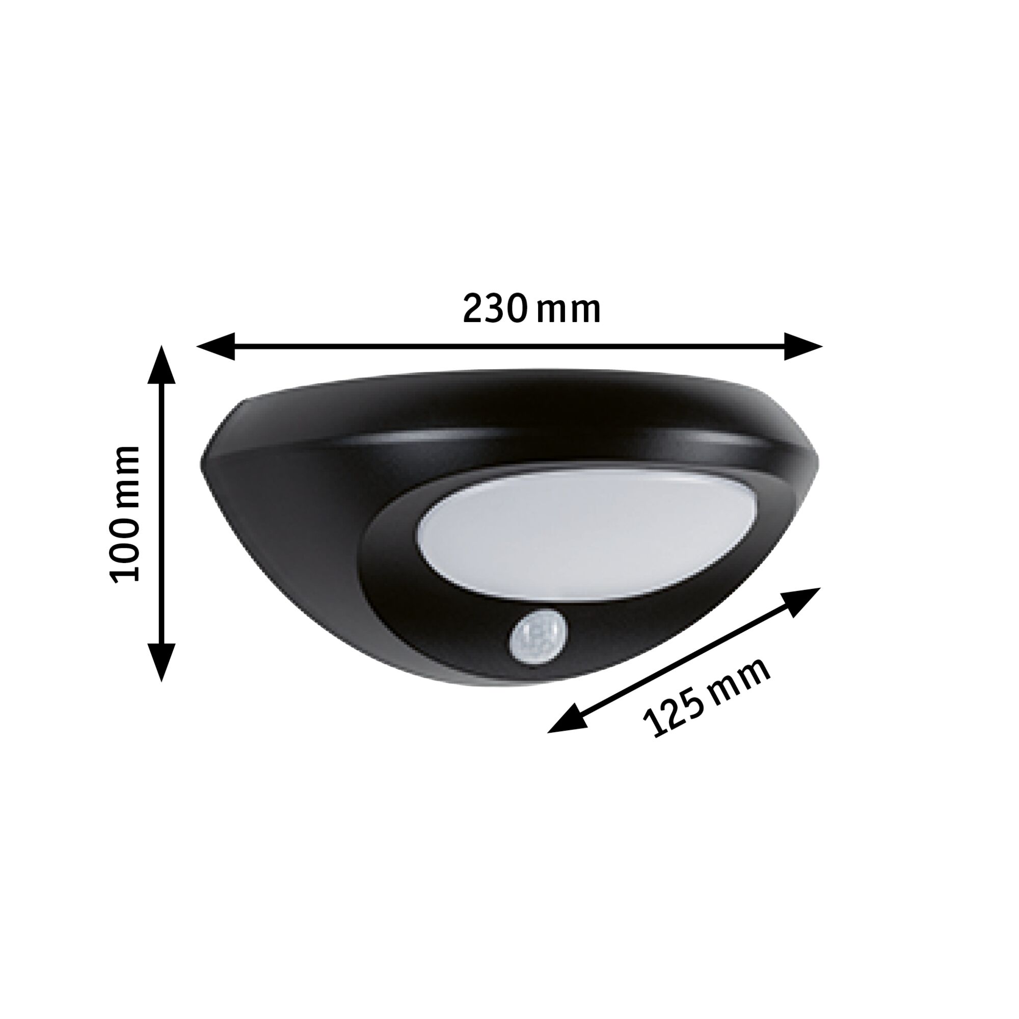 Applique murale LED noire avec détecteur de mouvement et diffuseur blanc, dimensions 230x100x125 mm, éclairage extérieur