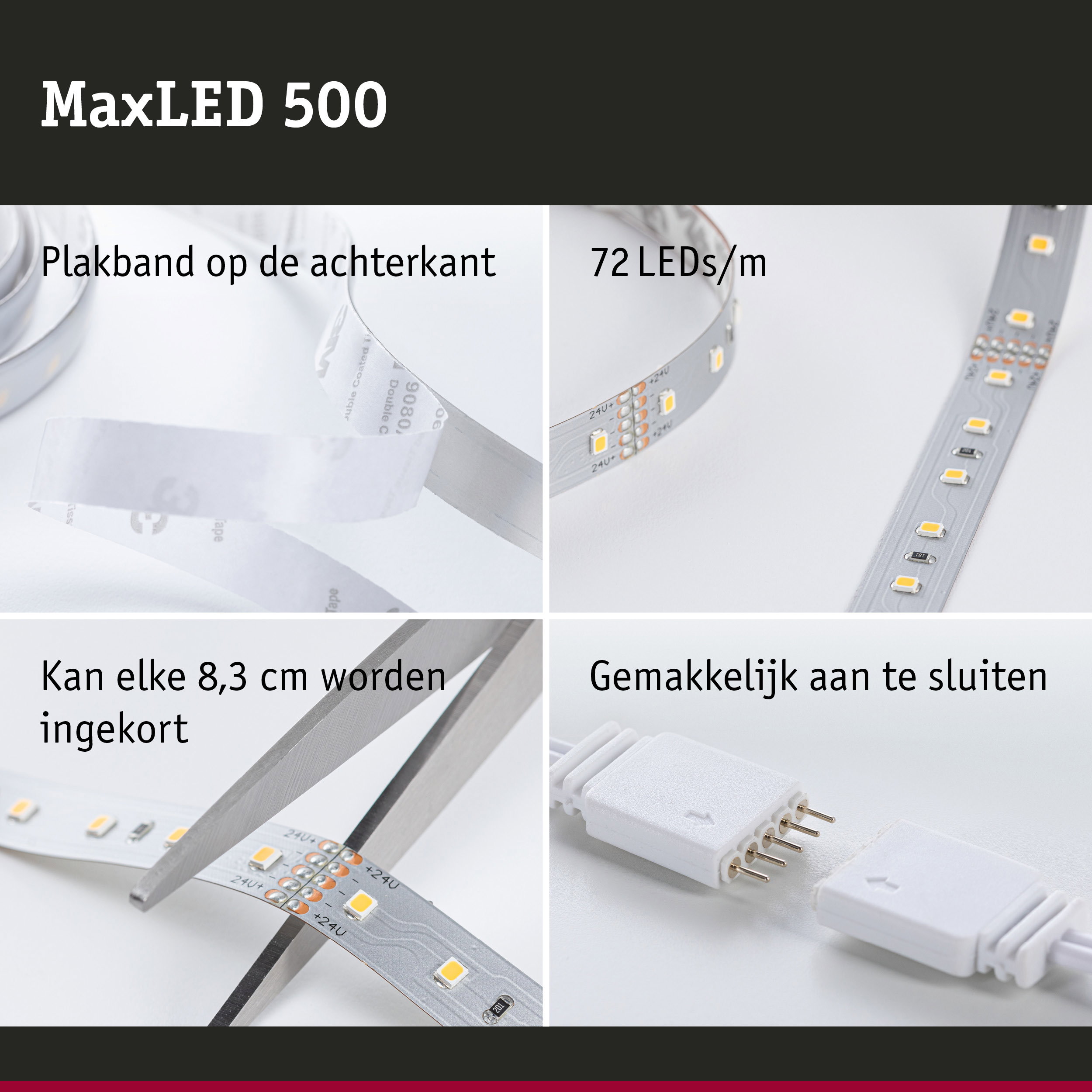 MaxLED 500 LED-strip met 72 LEDs per meter, zelfklevend en op maat knipbaar voor flexibele verlichting