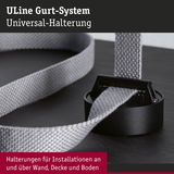 Graues ULine Gurt-System mit schwarzer Universal-Halterung für Wand- und Deckenmontage