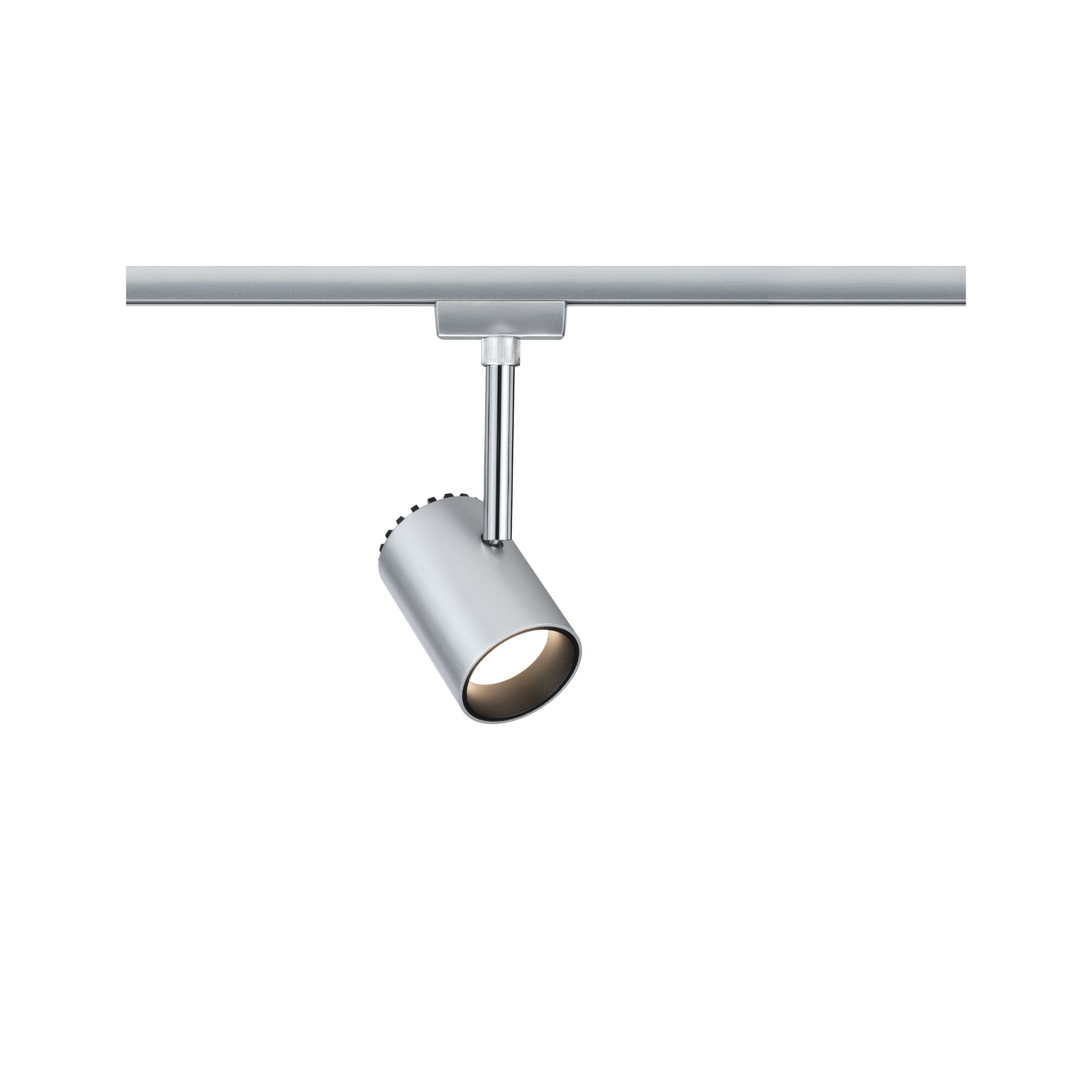 Moderner silberner LED-Strahler aus Metall an Schienensystem für flexible Raumbeleuchtung