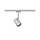 Moderner silberner LED-Strahler aus Metall an Schienensystem für flexible Raumbeleuchtung