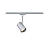 Moderner silberner LED-Strahler aus Metall an Schienensystem für flexible Raumbeleuchtung