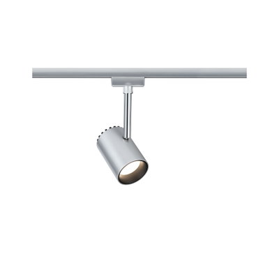 Moderner silberner LED-Strahler aus Metall an Schienensystem für flexible Raumbeleuchtung