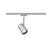 Moderner silberner LED-Strahler aus Metall an Schienensystem für flexible Raumbeleuchtung