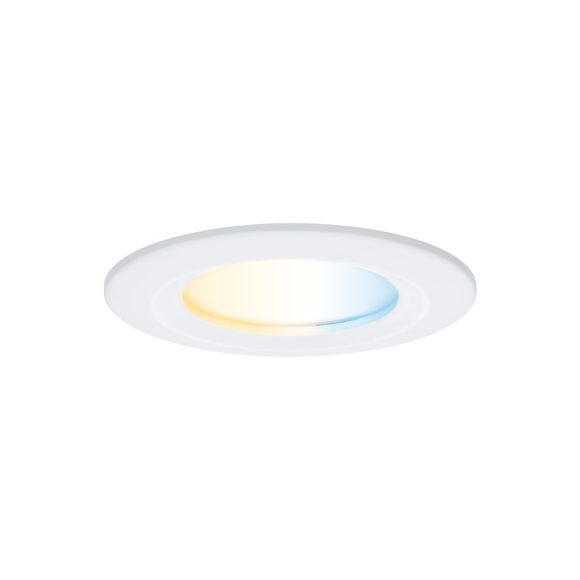 Round white LED recessed light with warm and cool white light for versatile room illumination