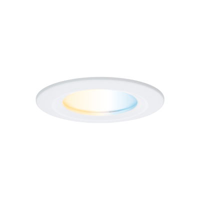 Round white LED recessed light with warm and cool white light for versatile room illumination