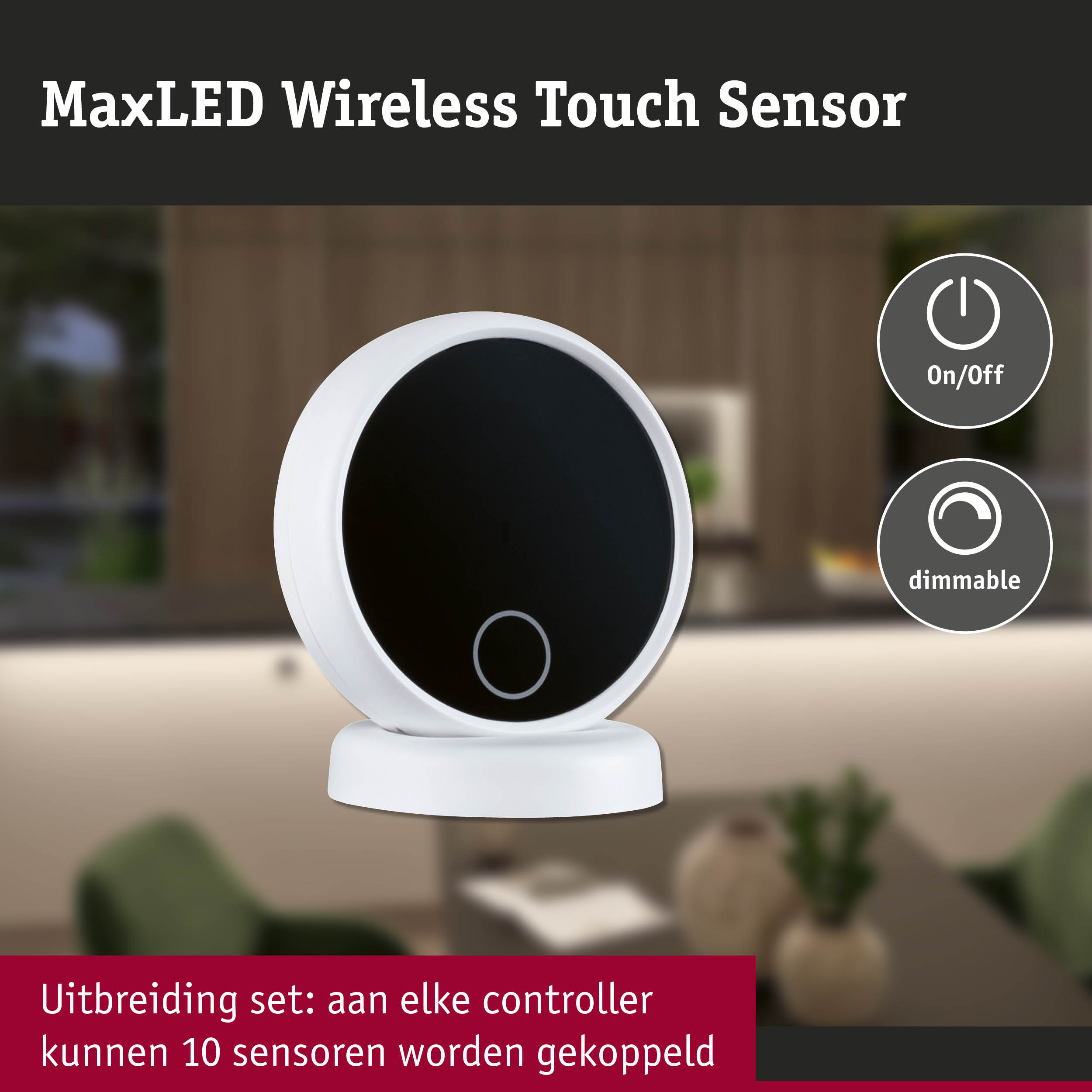 Witte MaxLED draadloze touchsensor met zwart oppervlak voor dimbare LED-verlichting