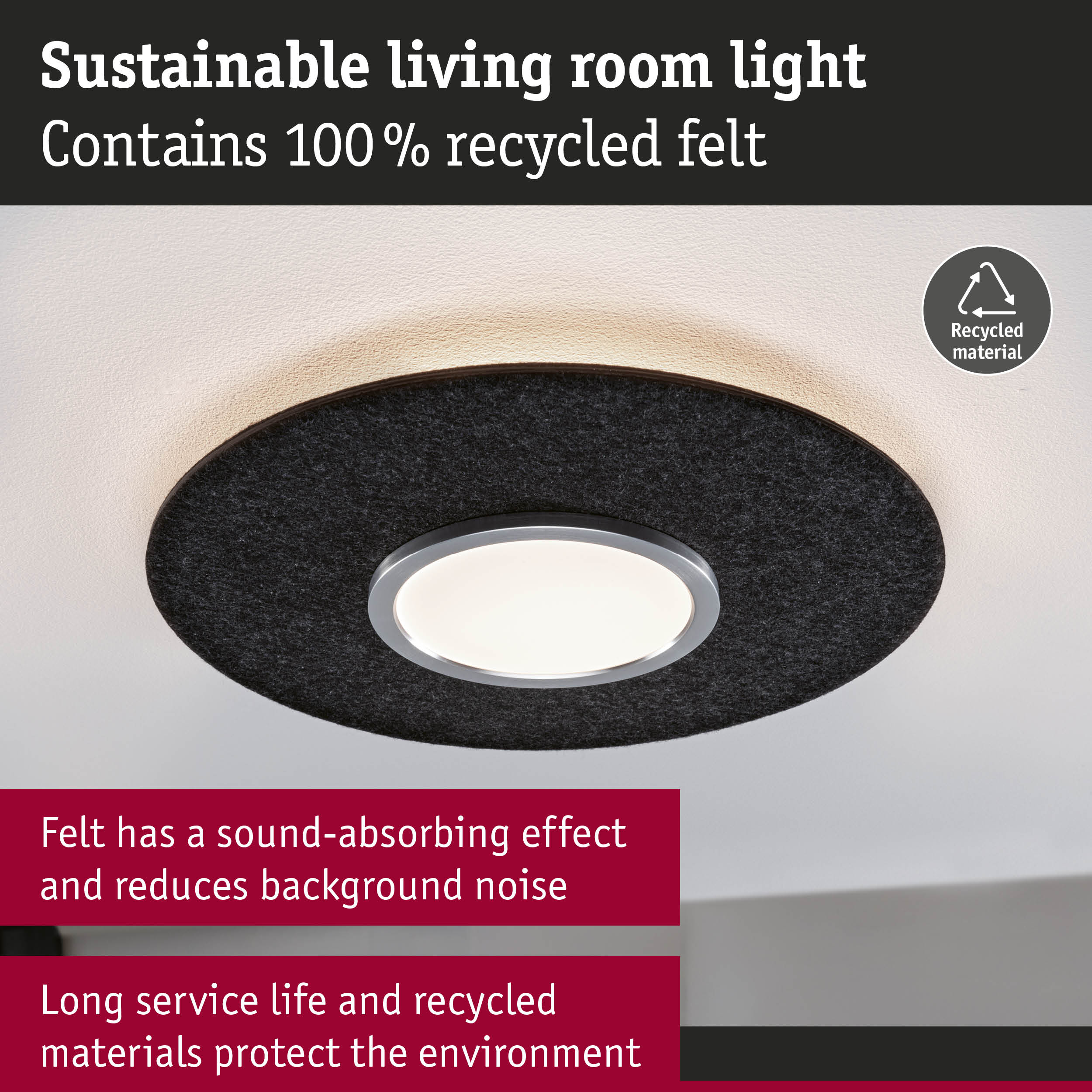 Sustainable living room ceiling light with black recycled felt, sound-absorbing and eco-friendly materials