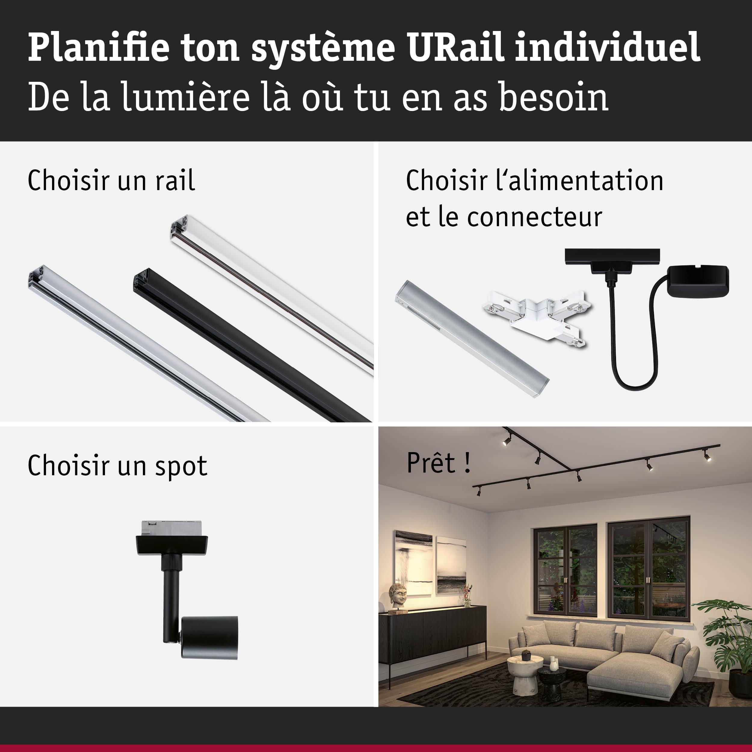 Rails URail noirs et blancs, alimentation et spot pour système d'éclairage LED sur rail personnalisé