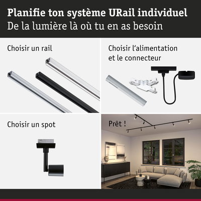Rails URail noirs et blancs, alimentation et spot pour système d'éclairage LED sur rail personnalisé