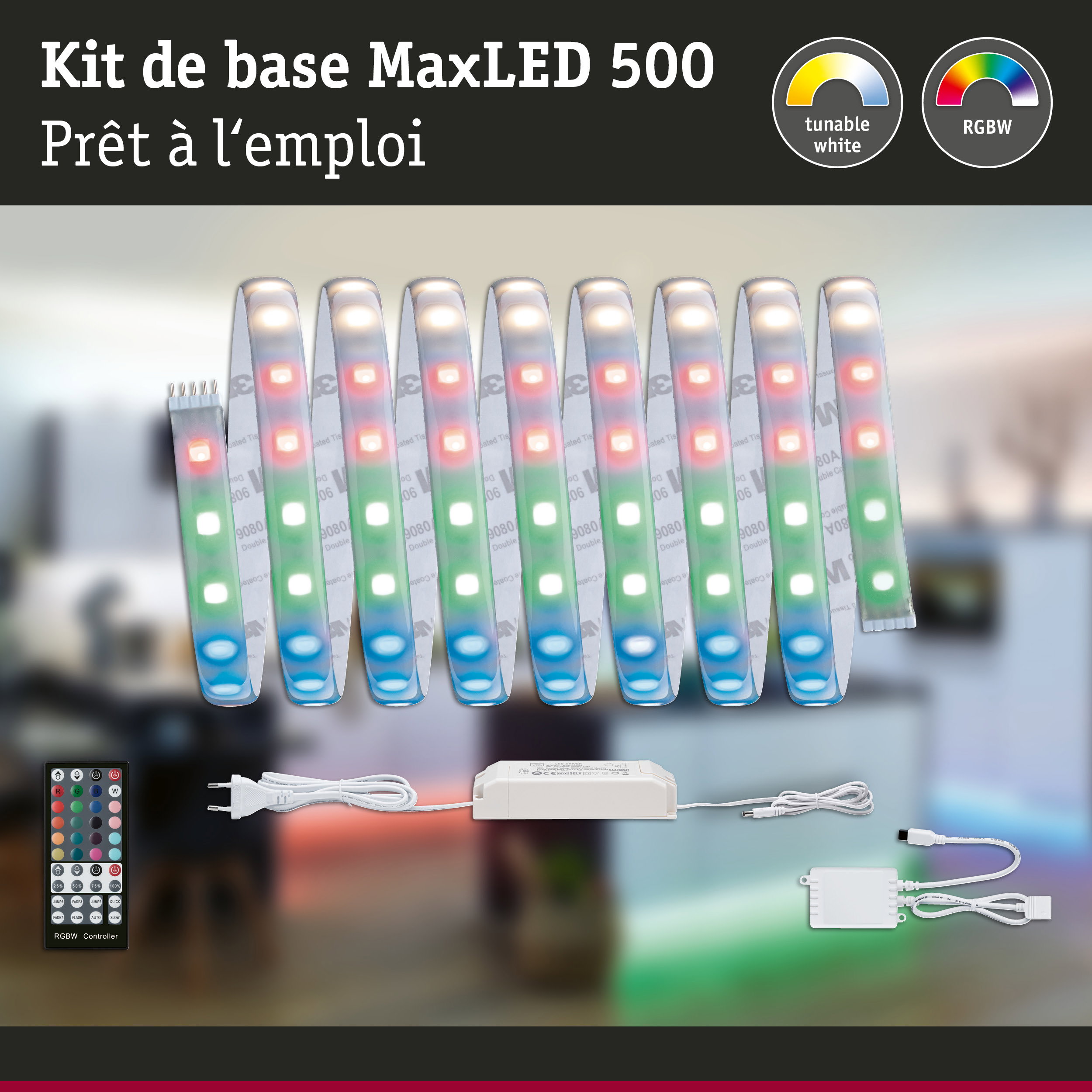 Kit bande LED MaxLED 500 RGBW avec lumière blanche réglable, télécommande et alimentation pour éclairage coloré