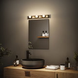 Salle de bain moderne avec lavabo en céramique noir, meuble en bois et éclairage miroir LED blanc chaud