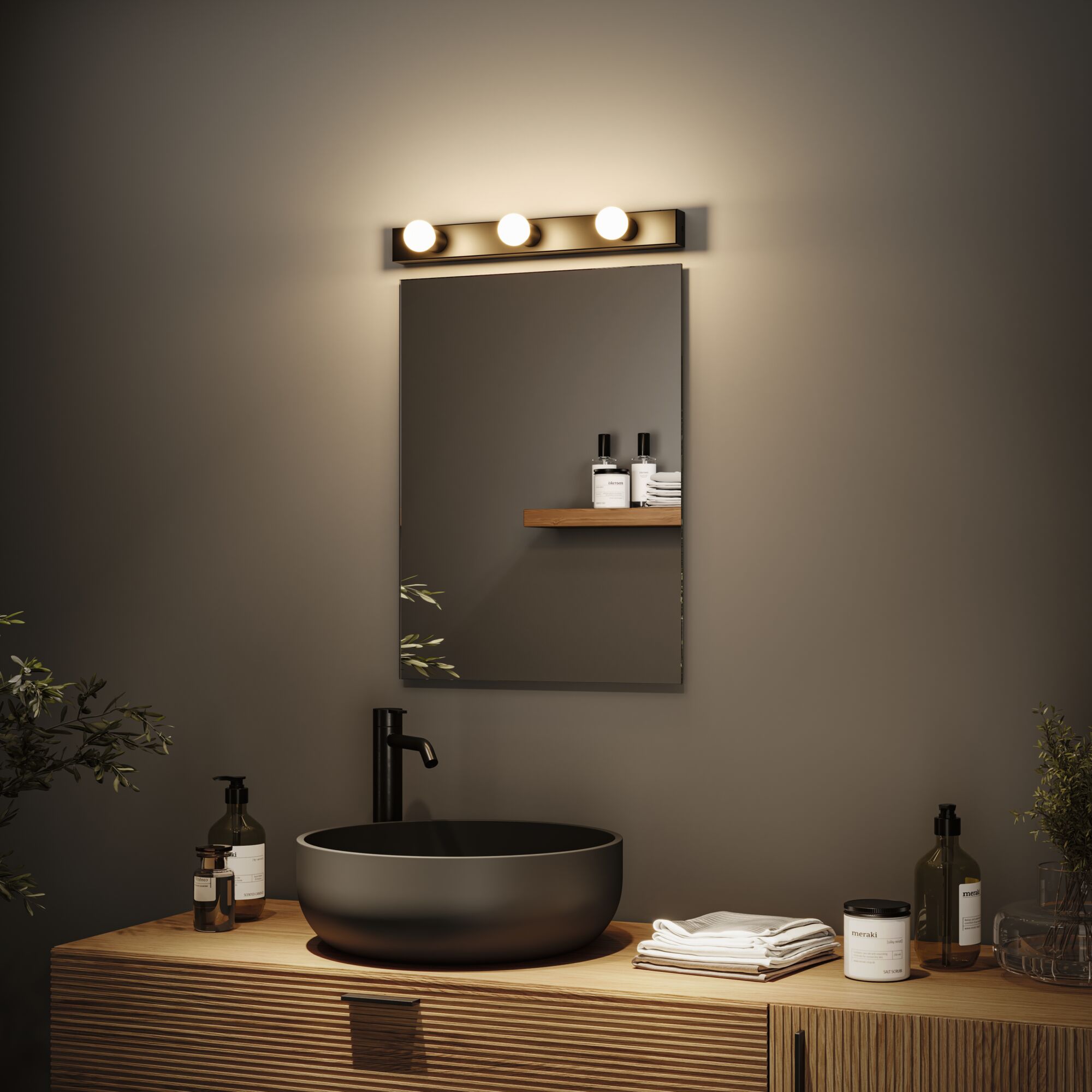 Modernes Badezimmer mit schwarzem Keramik-Waschbecken, Holzunterschrank und warmweißer LED-Spiegelleuchte