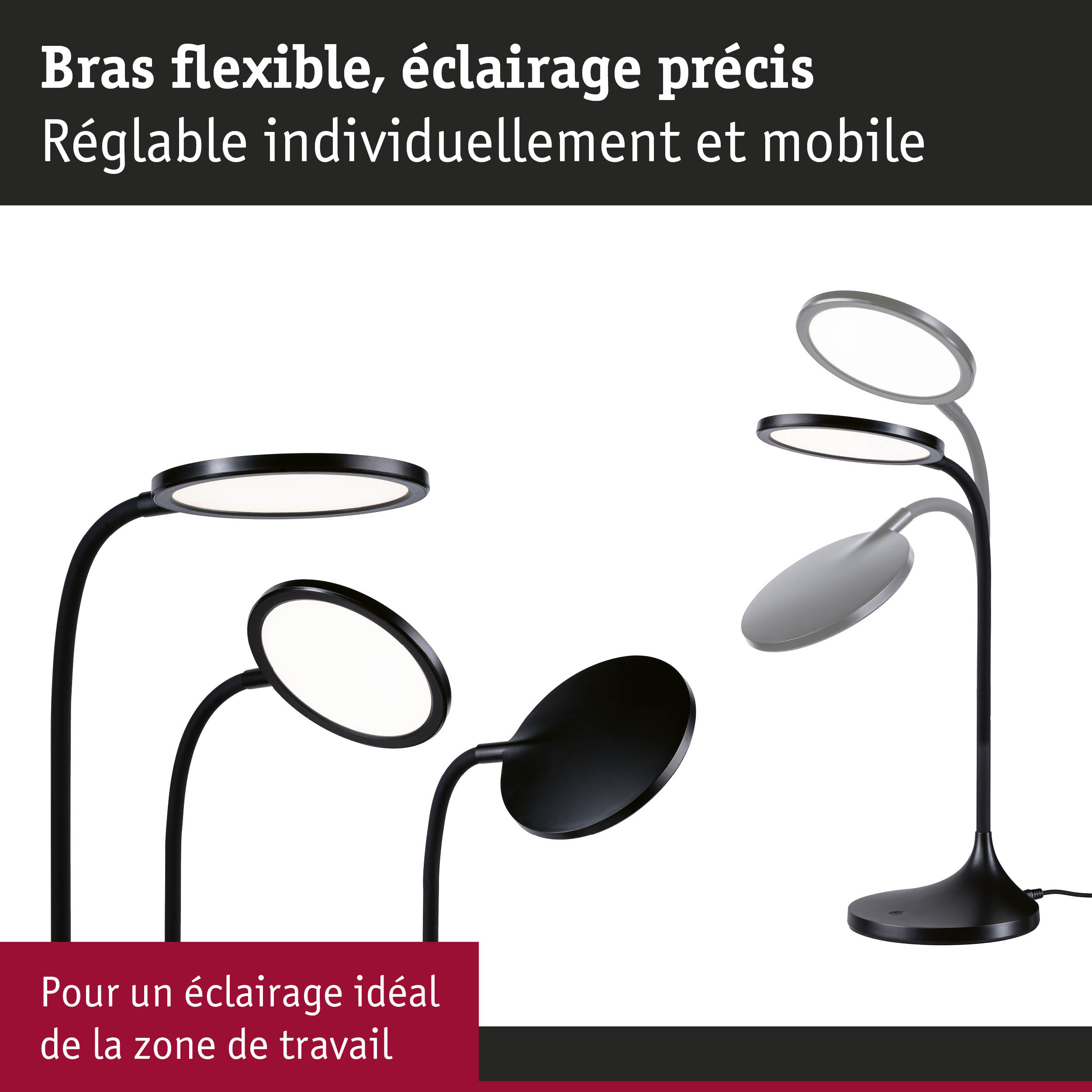 Lampe de bureau LED noire avec bras flexible et éclairage précis pour zone de travail