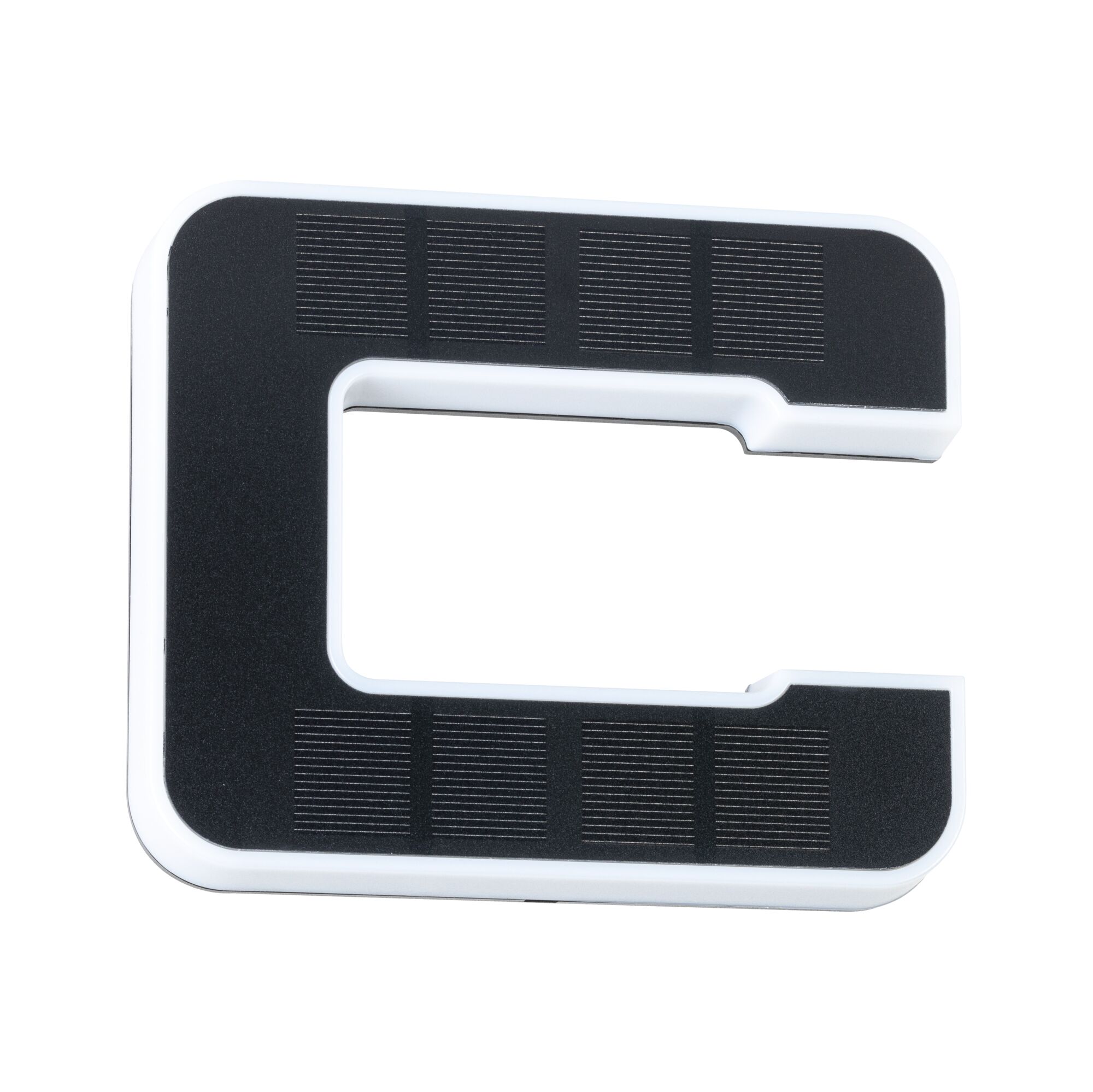 White and black C-shaped plastic device with solar panels for energy-saving lighting