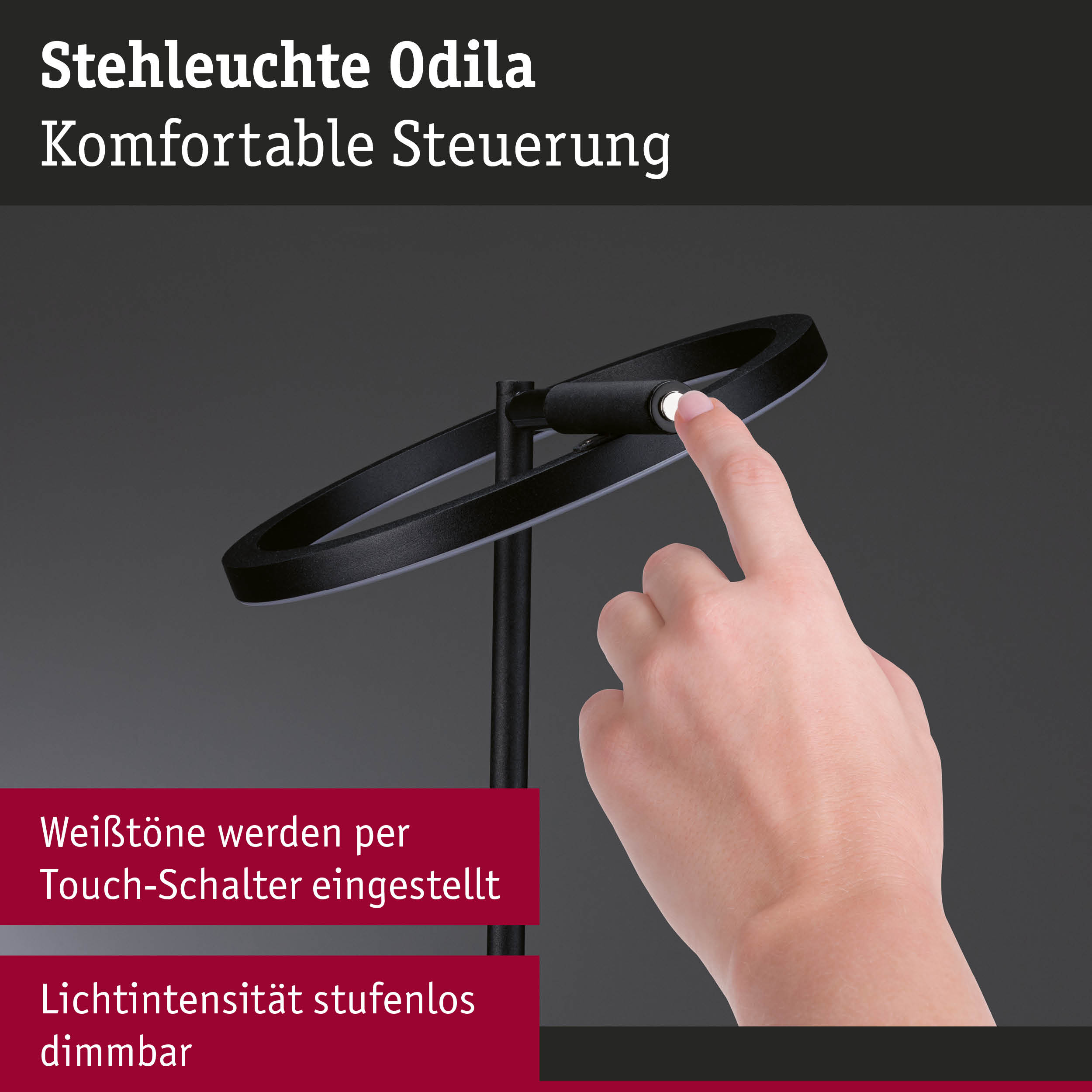 Schwarze Stehleuchte Odila mit Touch-Schalter und stufenlos dimmbarer Lichtintensität