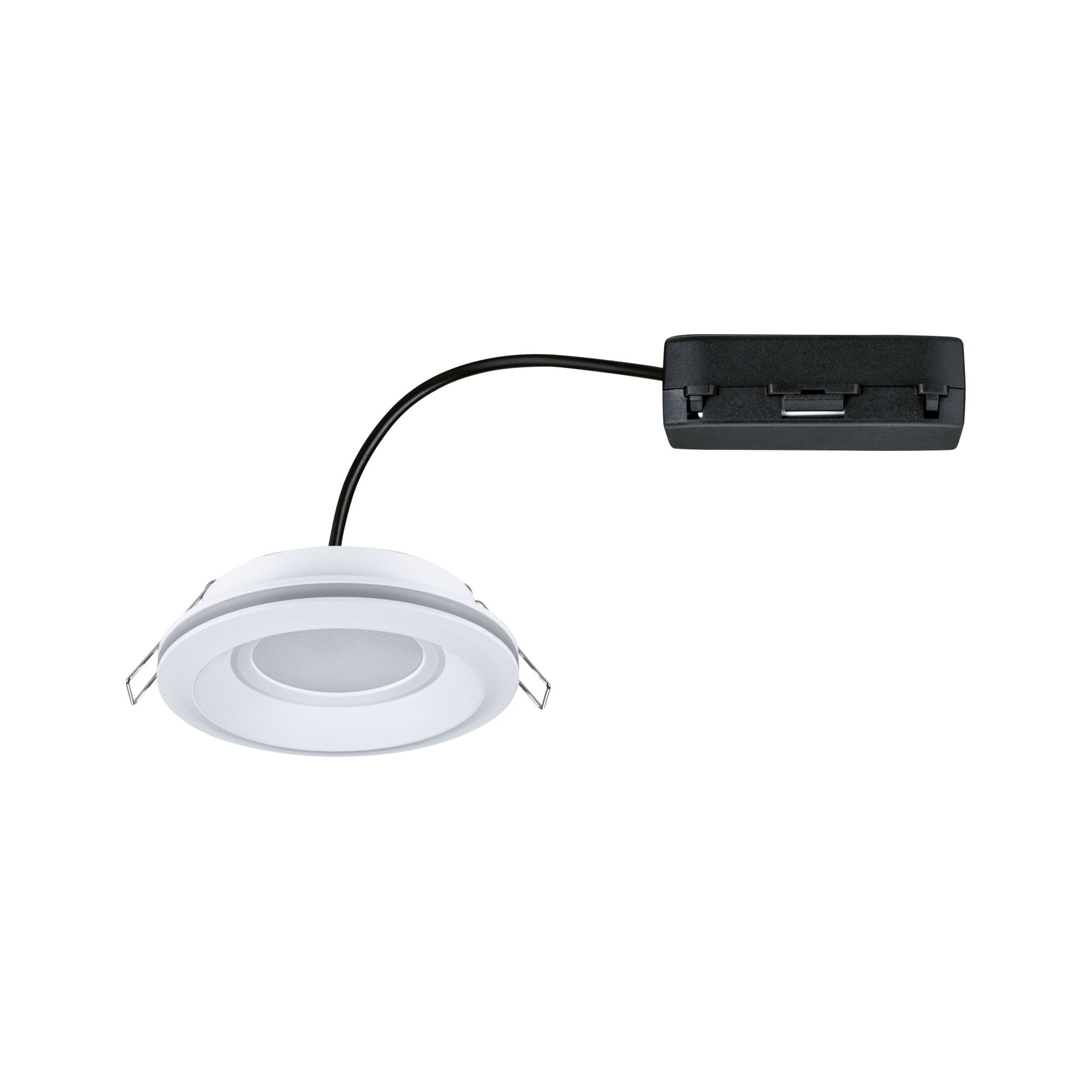Weißer LED-Einbaustrahler aus Kunststoff mit schwarzem Anschlusskabel für moderne Beleuchtung