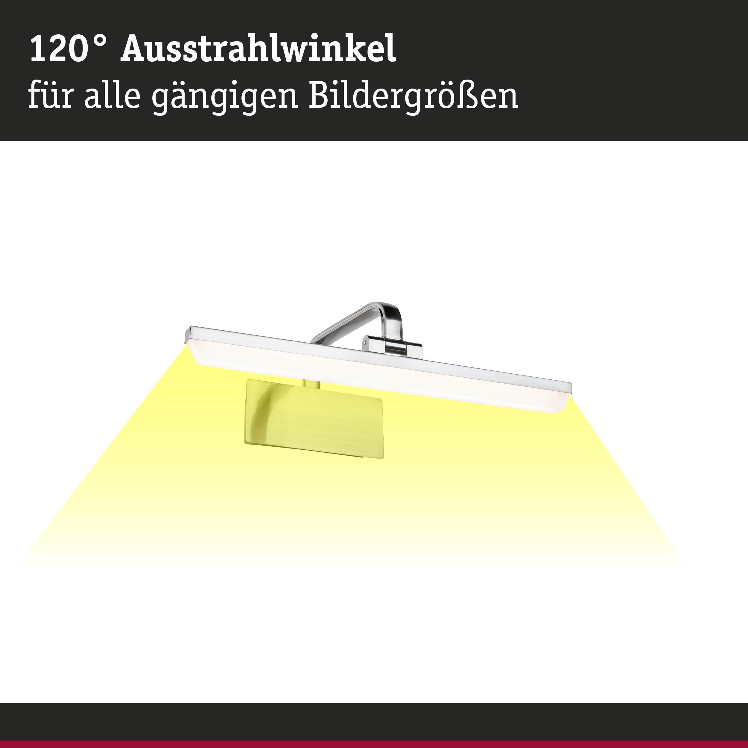 Moderne LED-Bilderleuchte in Chrom mit 120° Ausstrahlwinkel für verschiedene Bildgrößen