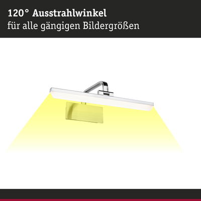Moderne LED-Bilderleuchte in Chrom mit 120° Ausstrahlwinkel für verschiedene Bildgrößen