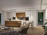 Moderne Küche mit Holzfronten und weißer Insel, LED-Deckenbeleuchtung und Pendelleuchten in Silber