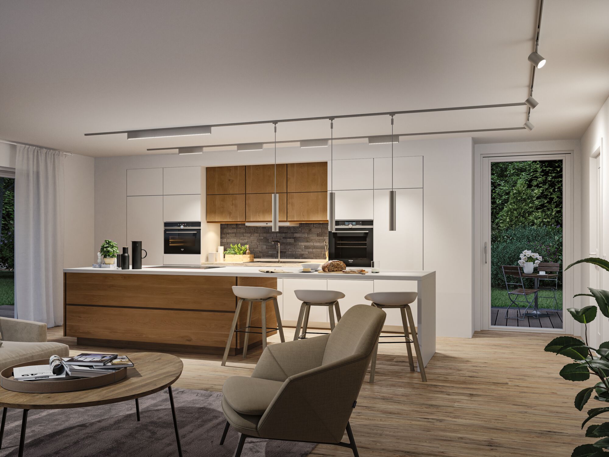 Modern kitchen with wooden cabinets and white island, LED ceiling lights and silver pendant lamps