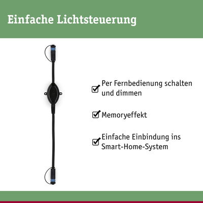 Schwarzes Kabel mit Steuergerät für einfache Lichtsteuerung, Fernbedienung und Smart-Home-Integration