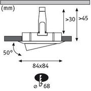 Technical drawing of recessed spotlight with 84x84 mm size and 50-degree tilt angle