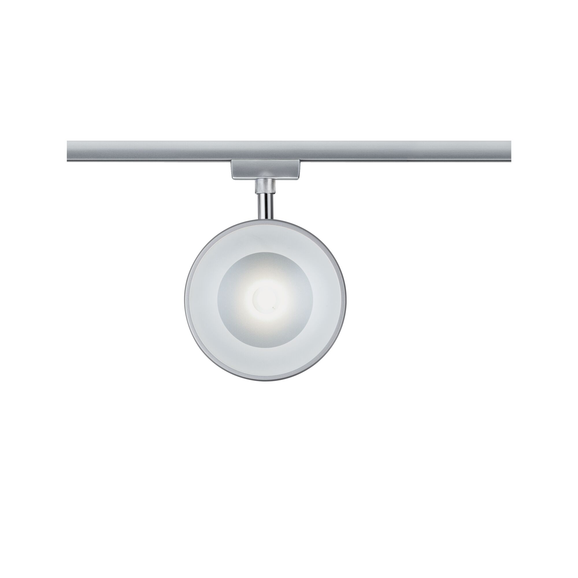 Round silver metal LED spotlight on track system for modern indoor lighting