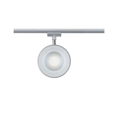 Round silver metal LED spotlight on track system for modern indoor lighting