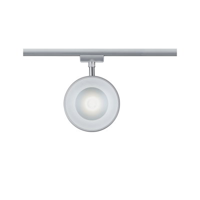Runder LED-Spot in Silber aus Metall an Schienensystem für moderne Innenbeleuchtung