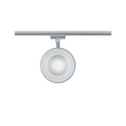 Runder LED-Spot in Silber aus Metall an Schienensystem für moderne Innenbeleuchtung