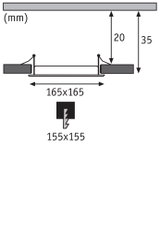 Schéma technique avec dimensions 165x165 mm et profondeur d'installation 20 mm pour spot LED encastré.