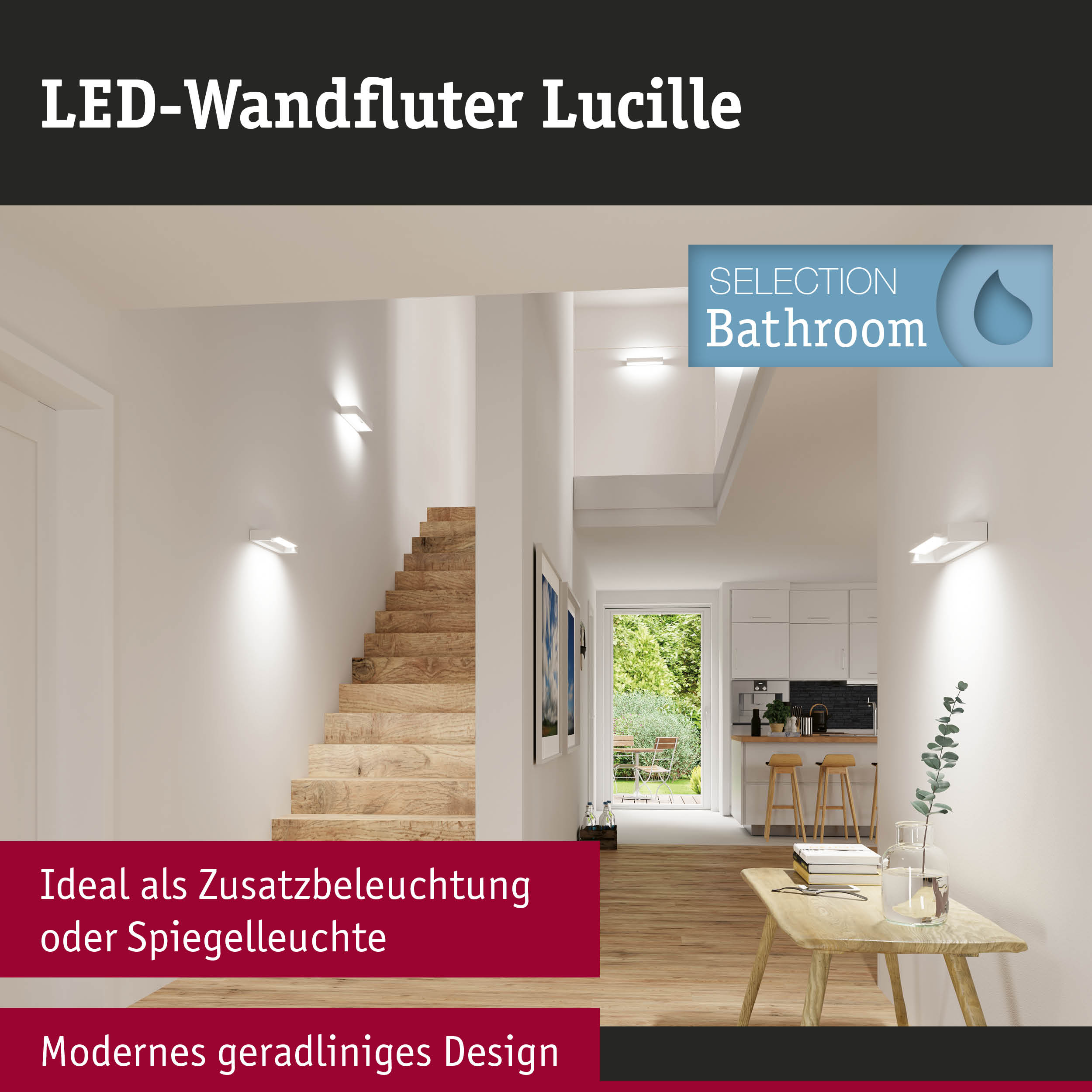 Moderner LED-Wandfluter Lucille in Weiß mit geradlinigem Design für Flur- und Badezimmerbeleuchtung