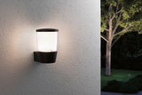 Black metal outdoor wall light with frosted glass, warm white LED for garden lighting