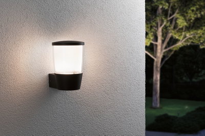 Black metal outdoor wall light with frosted glass, warm white LED for garden lighting