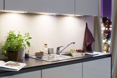 Moderne Küchenarbeitsplatte mit Edelstahlspüle, Kräutertöpfen und LED-Unterbauleuchten für optimale Beleuchtung