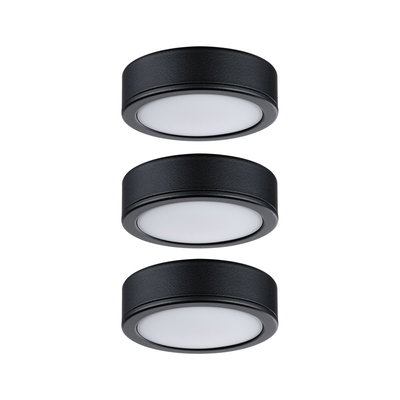 Trois plafonniers LED ronds noirs avec diffuseur blanc pour éclairage intérieur moderne