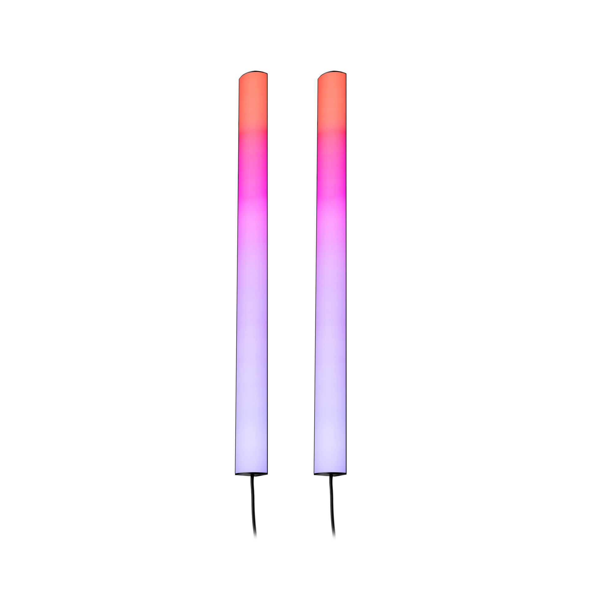 Two slim LED light bars with red to violet gradient, modern ambient lighting with cable connection