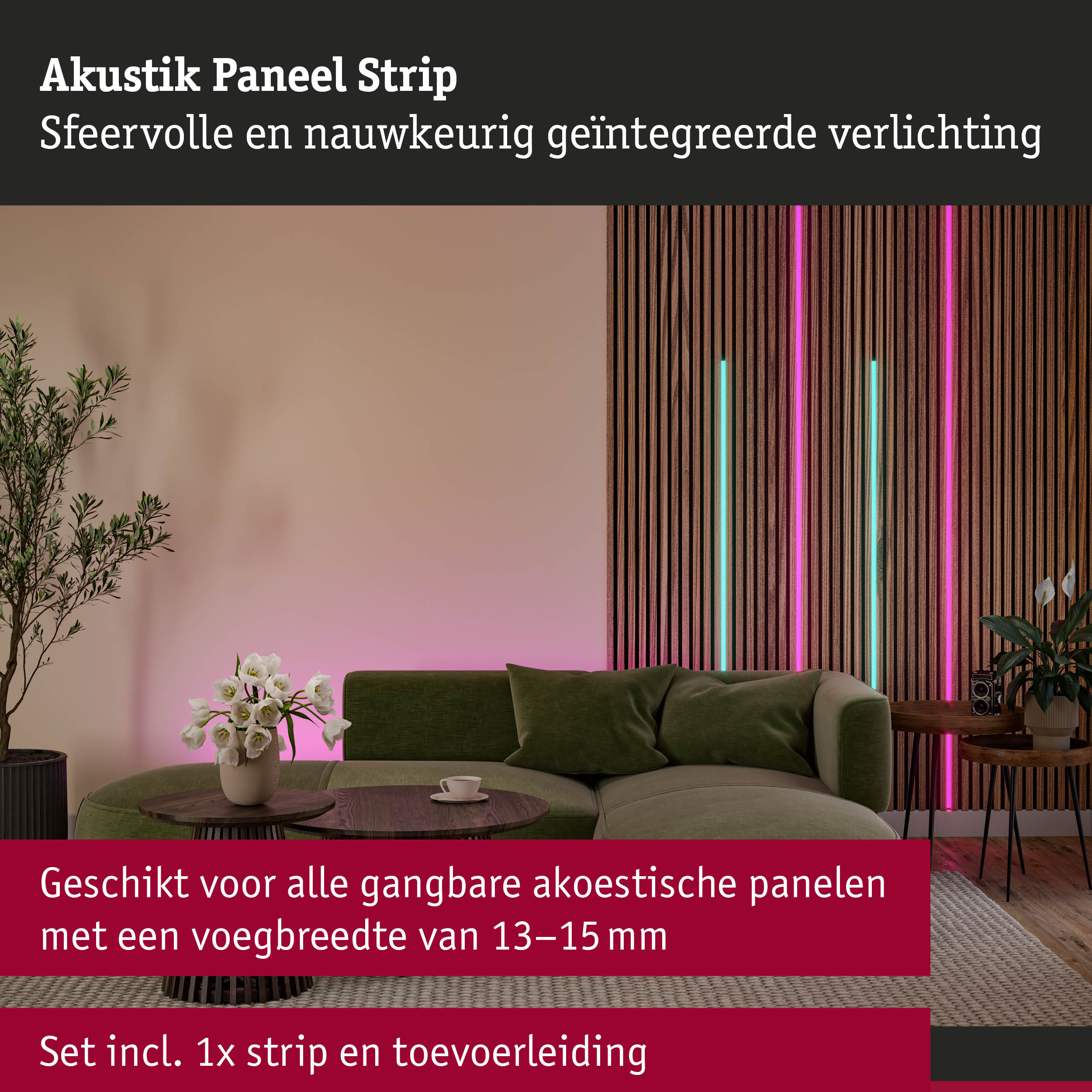 Akustiek paneel strip met geïntegreerde LED-verlichting op bruine houten wand in woonkamer