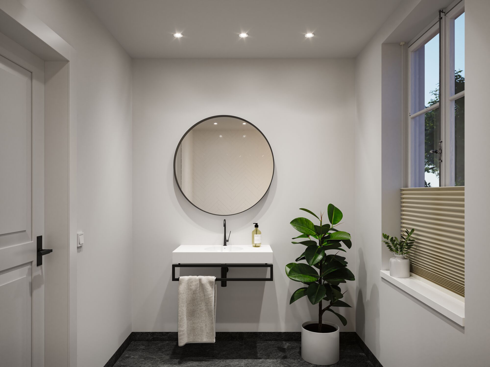 Modern bathroom with round mirror, white sink, black faucet set, plants, and window with beige blind.